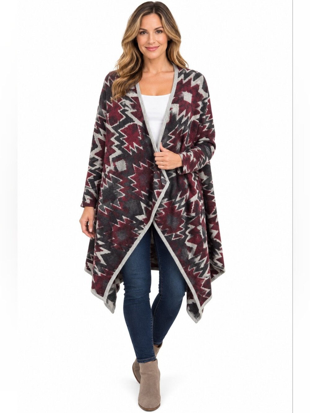 Lucky Brand Burgundy and Charcoal Geometric Open-Front Wrap Women's Size XL